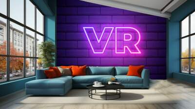 VR Neon Sign. Vector Illustration of Virtual Reality Promotion. VR neon sign isolated on brick wall background Wall mural