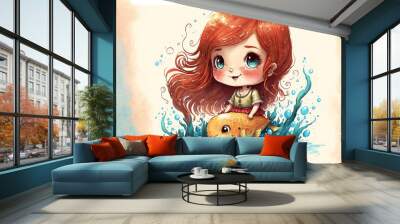 A cute baby girl with big blue eyes swims on a fish illustration in a watercolor style.Adorable little girl on the background of water splashes and a goldfish.AI generated. Wall mural