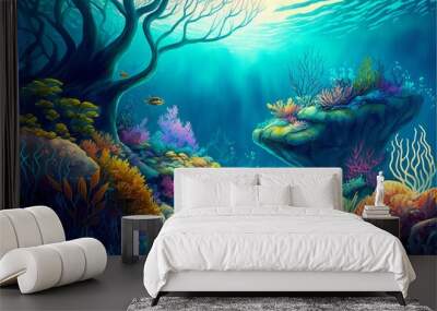 Colorful sea background with rocky bottom, boulders, algae and corals in a watercolor style. AI generated. Wall mural