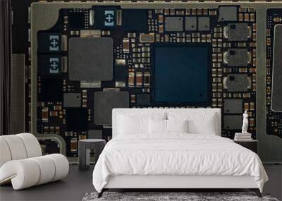 Smart phone components, circuit board from the modern mobile phone with CPU RAM chips and other electronic components. Wall mural