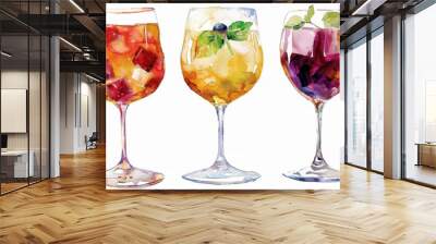 3 clipart drawings of wine glasses with different reds and yellows, in the watercolor style, on a white background Generative AI Wall mural