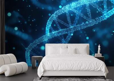 3D render of a blue digital abstract background with a DNA model, neural networks Generative AI Wall mural