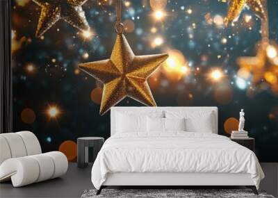 A background with hanging golden stars, creating an enchanting and festive atmosphere for Christmas or other special events Generative AI Wall mural