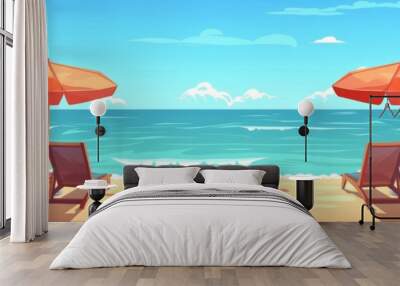 A beach with chairs and umbrellas on the sand for cartoon or animation style background Generative AI Wall mural