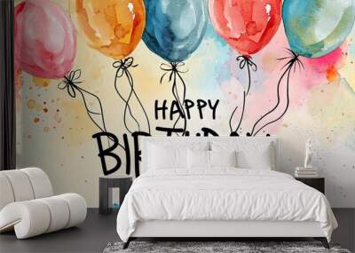 a beautiful birthday card with balloons and lettering Generative AI Wall mural