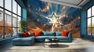 A beautiful sky with the Star of David shining in it, with rays radiating from behind and below A feeling that symbolizes hope for an impending dawn after a long night Generative AI Wall mural