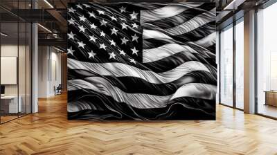 a black and white american flag waving on a black background Generative AI Wall mural