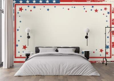 A blank white rectangular frame with a red border and blue stars on an isolated background with the colors of the American flag Generative AI Wall mural