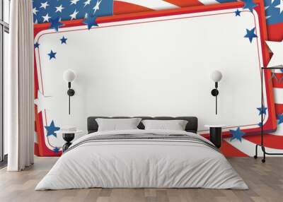 A blank white rectangular frame with a red border and blue stars on the outer borders, with an American flag in the background Generative AI Wall mural