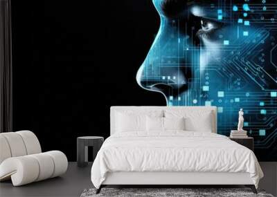 a blue, blue and white man computer and circuit head Generative AI Wall mural