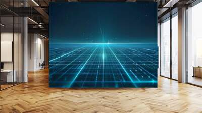 A blue grid with glowing lines on a dark background, a futuristic digital landscape background Generative AI Wall mural