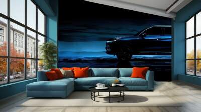 A blue SUV car with its headlights on is illuminated against the dark background, creating an atmospheric effect Generative AI Wall mural