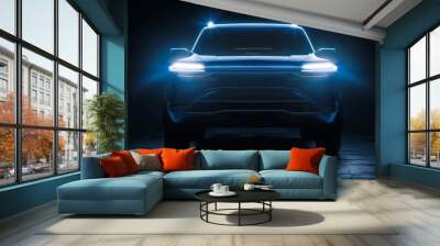 A blue SUV vehicle with its headlights on is seen in the dark, illuminated in the style of white light against black background Generative AI Wall mural