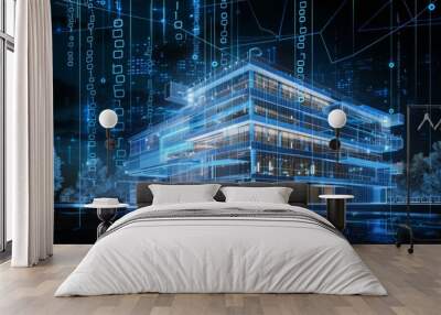 A blueprint of an office building with multiple floors, surrounded by blue digital lines and white numbers representing data technology in the background Generative AI Wall mural