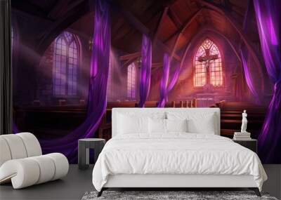 a church with purple ribbons in one of the pews Generative AI Wall mural