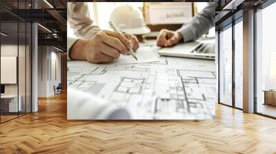 A close up photo shows two people working on blueprints and drawings in an architectural design office Generative AI Wall mural