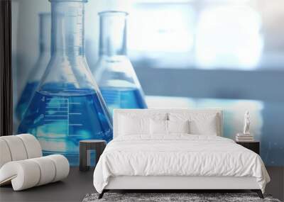 A closeup of laboratory equipment such as beakers and flasks filled with clear blue liquid, set against the backdrop of an empty lab table, symbolizing scientific research Generative AI Wall mural