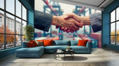 A closeup of two business people shaking hands with their thumbs up, set against the backdrop of cargo ships and logistics storage in daylight Generative AI Wall mural