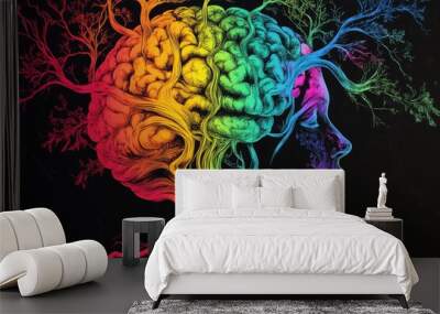 A colorful brain made of trees and vines, art on a black background A colorful drawing of a head with long hair in rainbow colors Generative AI Wall mural