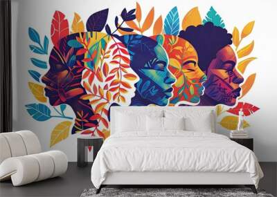 A colorful illustration of three African faces with different skin tones, blending into each other and surrounded by leaves in an abstract geometric pattern Generative AI Wall mural