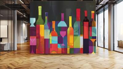 A colorful illustration of wine bottles and glasses, arranged in an abstract pattern on the right side of the canvas The background is a dark gray with subtle gradients Generative AI Wall mural