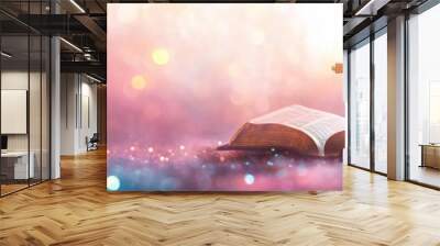 a cross and an open Bible on a soft, pastel background with bokeh lights for a spiritual theme, with a blurred or dreamy effect, suitable for a banner design with copy space Generative AI Wall mural