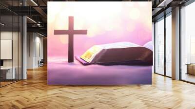 a cross and an open Bible on a soft, pastel background with bokeh lights for depth. Web banner with copy space on the right Generative AI Wall mural