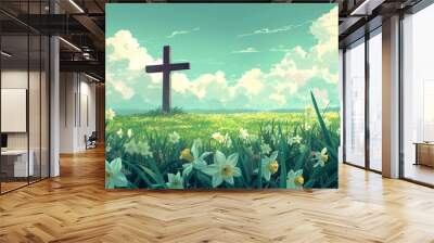 a cross is in the center of a green field of grasses and daffodils with a sky filled with clouds Generative AI Wall mural