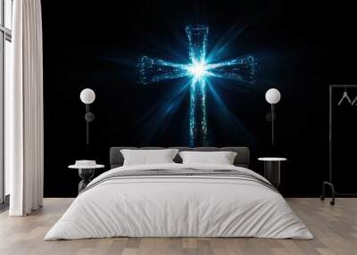 A cross made of light, on a black background, with copy space concept Generative AI Wall mural