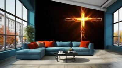 A cross made of light, on a black background, with copy space concept Generative AI Wall mural