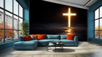 A cross-shaped light glowing in the darkness, illuminating an empty space for text or message on a black background The cross symbolizes hope and Jesus Generative AI Wall mural