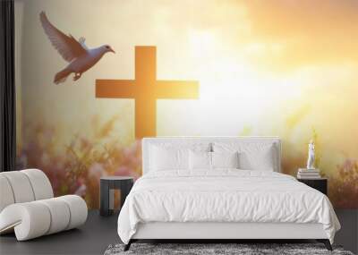 A cross silhouette with the sun setting in the background and a dove flying, symbolizing the peace of Jesus Christ on the Easter holiday Generative AI Wall mural