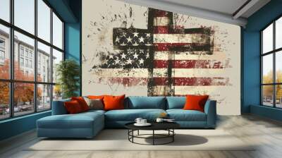 A cross with an American flag design, t-shirt clipart graphic, grunge texture background, white blank background color Generative AI Wall mural