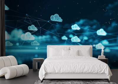 A digital illustration depicting cloud technology with icons representing different types of data and documents connected to form an abstract network Generative AI Wall mural