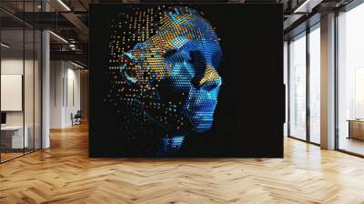 A digital portrait of an AI humanoid head composed entirely from pixelated blue and orange hexagons, set against a black background Generative AI Wall mural