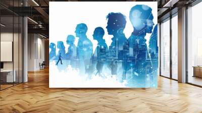 A double exposure illustration of business people in silhouette with digital elements, representing the integration and use of technology for data visualization within corporate Generative AI Wall mural