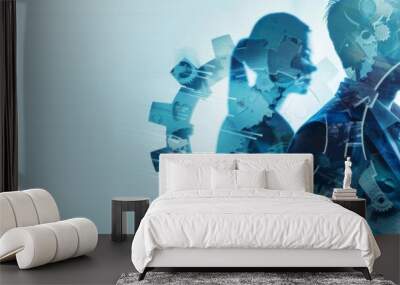 A double exposure of digital gears and businesspeople in motion, representing the seamless integration between technology Generative AI Wall mural