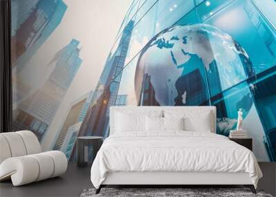 A double exposure of the globe and glass building, symbolizing global business growth in corporate marketing for online advertising services Generative AI Wall mural