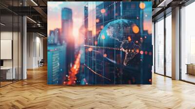 A double exposure of the globe and modern office buildings with glass facades, symbolizing global business or international trade in digital technology Generative AI Wall mural