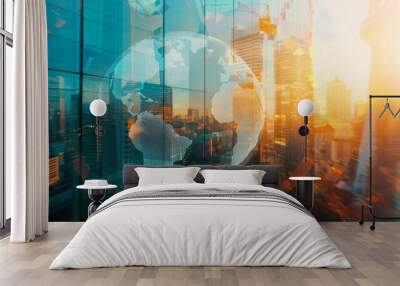 A double exposure of the world globe and glass building in a business district, symbolizing global network technology for online advertising Generative AI Wall mural