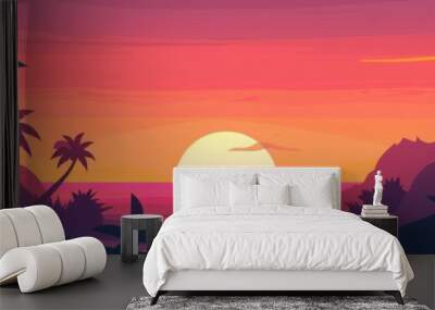 a flat graphic background with a sunset and palm trees Generative AI Wall mural