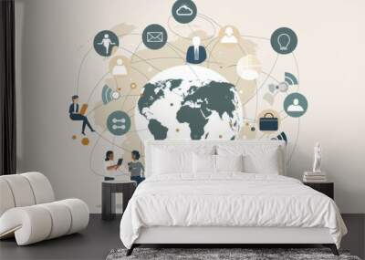 A flat illustration of business people working together across the globe, interconnected by circular lines and connected to each other with various symbols like an phone, laptop Generative AI Wall mural