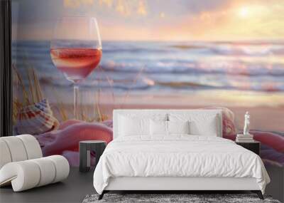 A glass of rose wine on the beach The sun is setting over an ocean view, casting warm hues across the scene Generative AI Wall mural