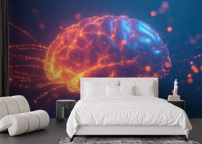 A glowing brain with energy lines, against a blue background with orange and red lights Generative AI Wall mural