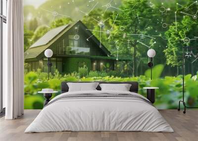 A green house surrounded by nature with energy technology symbols floating above it, representing the concept of sustainable living and eco-friendly home design Generative AI Wall mural