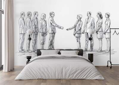 A group of business people shaking hands in a line drawing with a white background in the minimalistic style of a pencil sketch Generative AI Wall mural