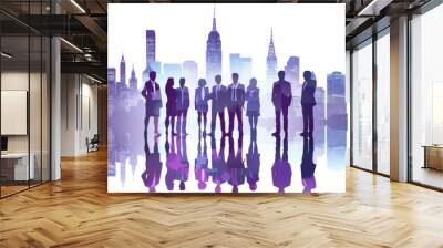 A group of business people standing in front of the city skyline, in the style of double exposure photography, in a cartoon style, on a white background, with silhouette figures Generative AI Wall mural