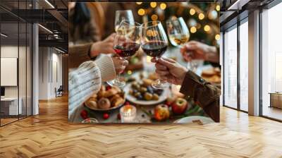 A group of friends toasting with wine glasses at the dining table, surrounded by food and decorations Generative AI Wall mural