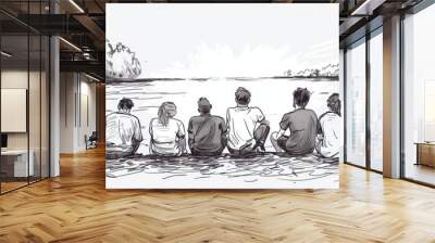 A group of people sitting on the edge of an open river, seen from behind and looking at each other in their backs They look relaxed but serious Generative AI Wall mural