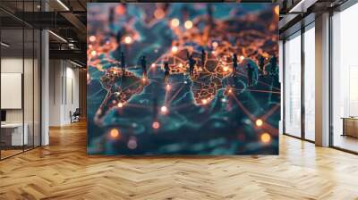 A group of tiny people standing on the map, connected by glowing lines to form an intricate network that extends across continents Generative AI Wall mural